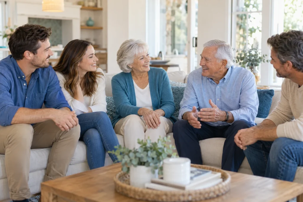 Three generations of a family talking together in a living room