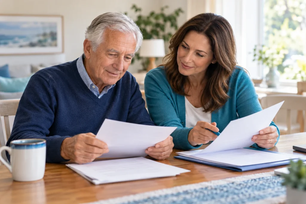 Father and adult daughter looking over documents together