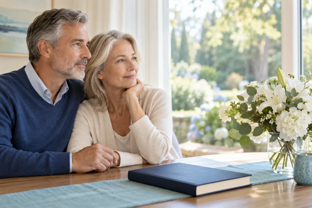 Couple sitting together at a table with a planning notebook