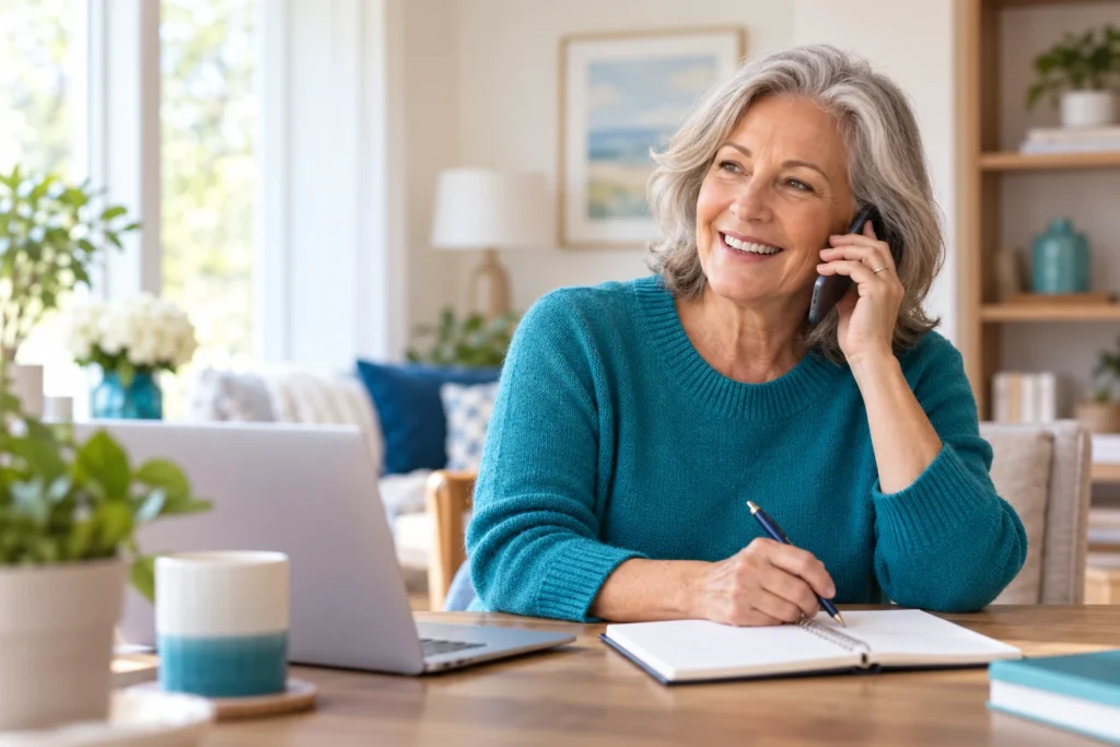 Woman smiling while talking on the phone at her desk
