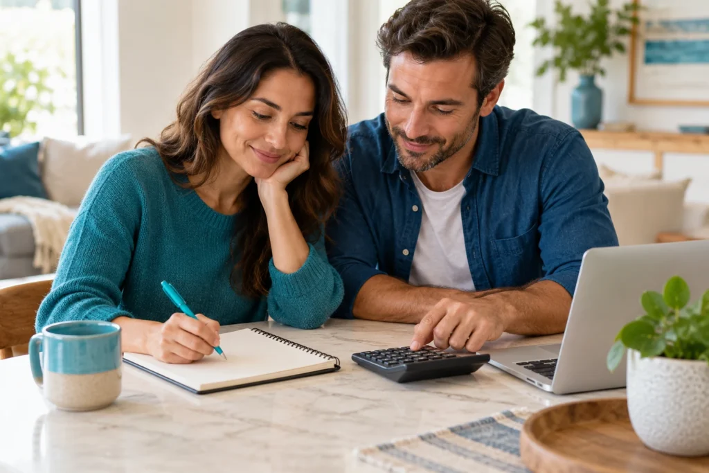 Couple working out a budget with a notebook and calculator