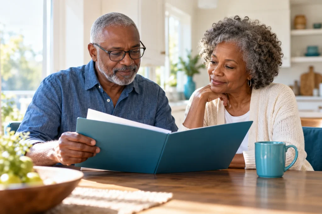 Couple reviewing insurance paperwork together at their kitchen table