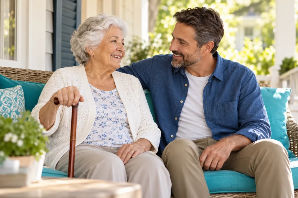 Older woman and her adult son sitting together on a porch