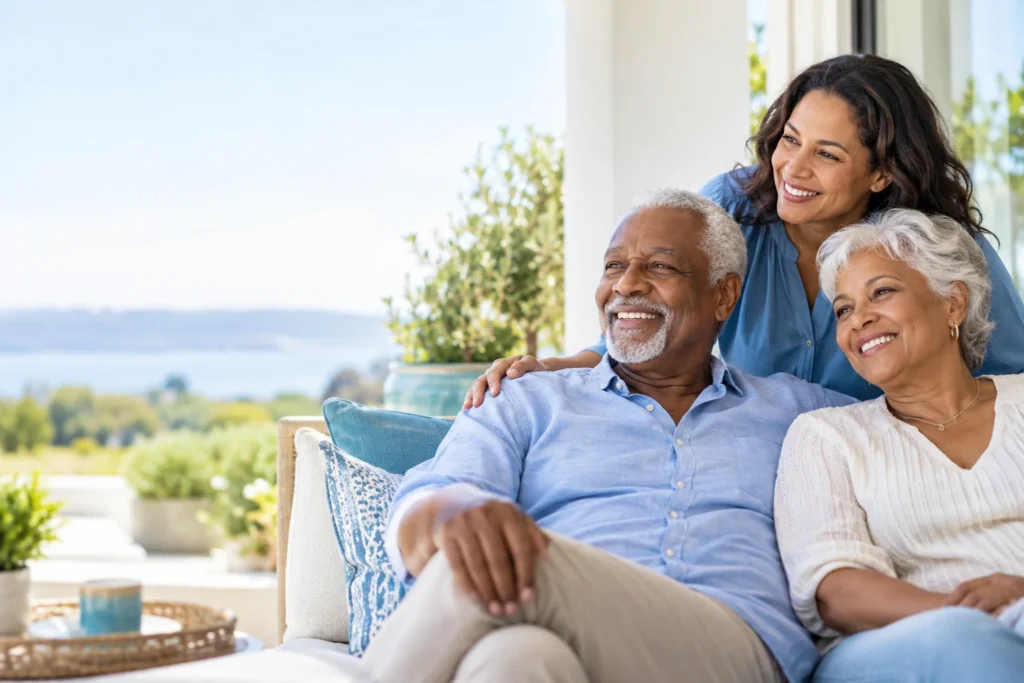 Older couple relaxing at home with their adult daughter