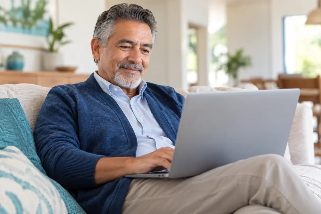 Man sitting on a sofa filling in a form on a laptop