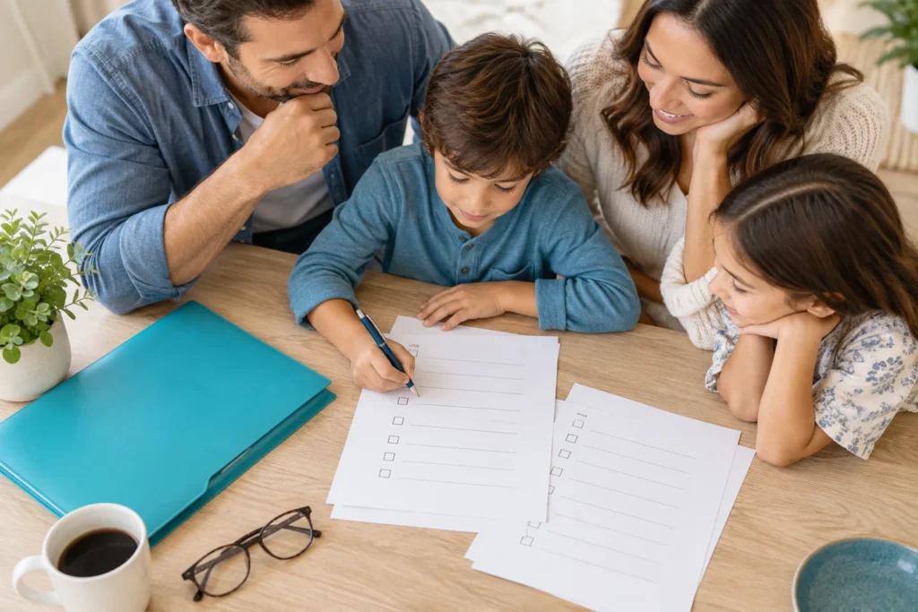 Family gathered around a table working through a checklist