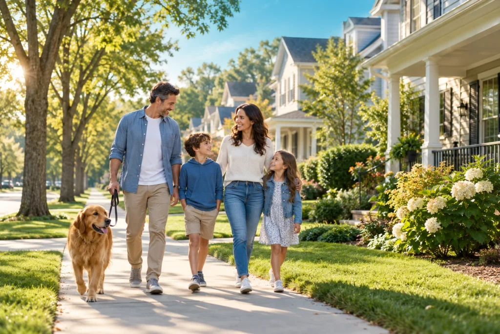 Family walking along a tree-lined neighborhood street
